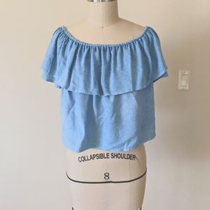 Light blue off-shoulder ruffle crop top blouse S